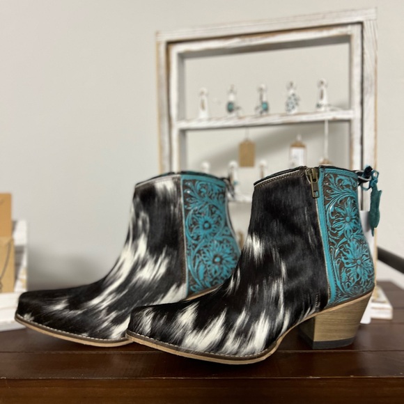 NEW Turquoise Tooled Leather Genuine Hide-on Women Bootie Cowboy Boot Western - Picture 1 of 16